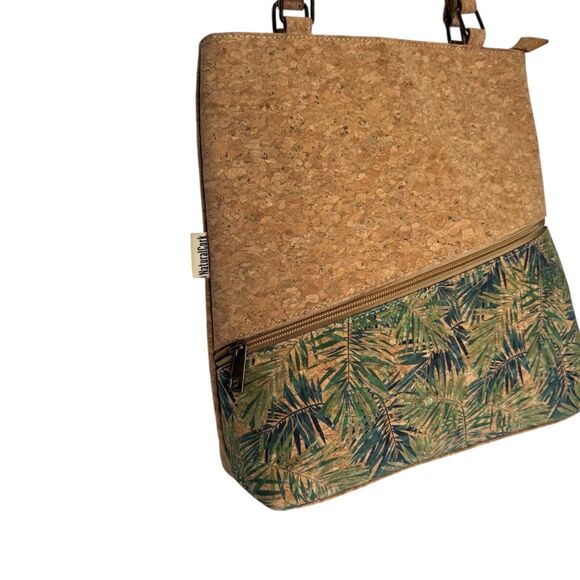 Natural Cork Shoulder Tote Bag With Tropical Leaf Print & Zipper Pockets - Picture 3 of 12